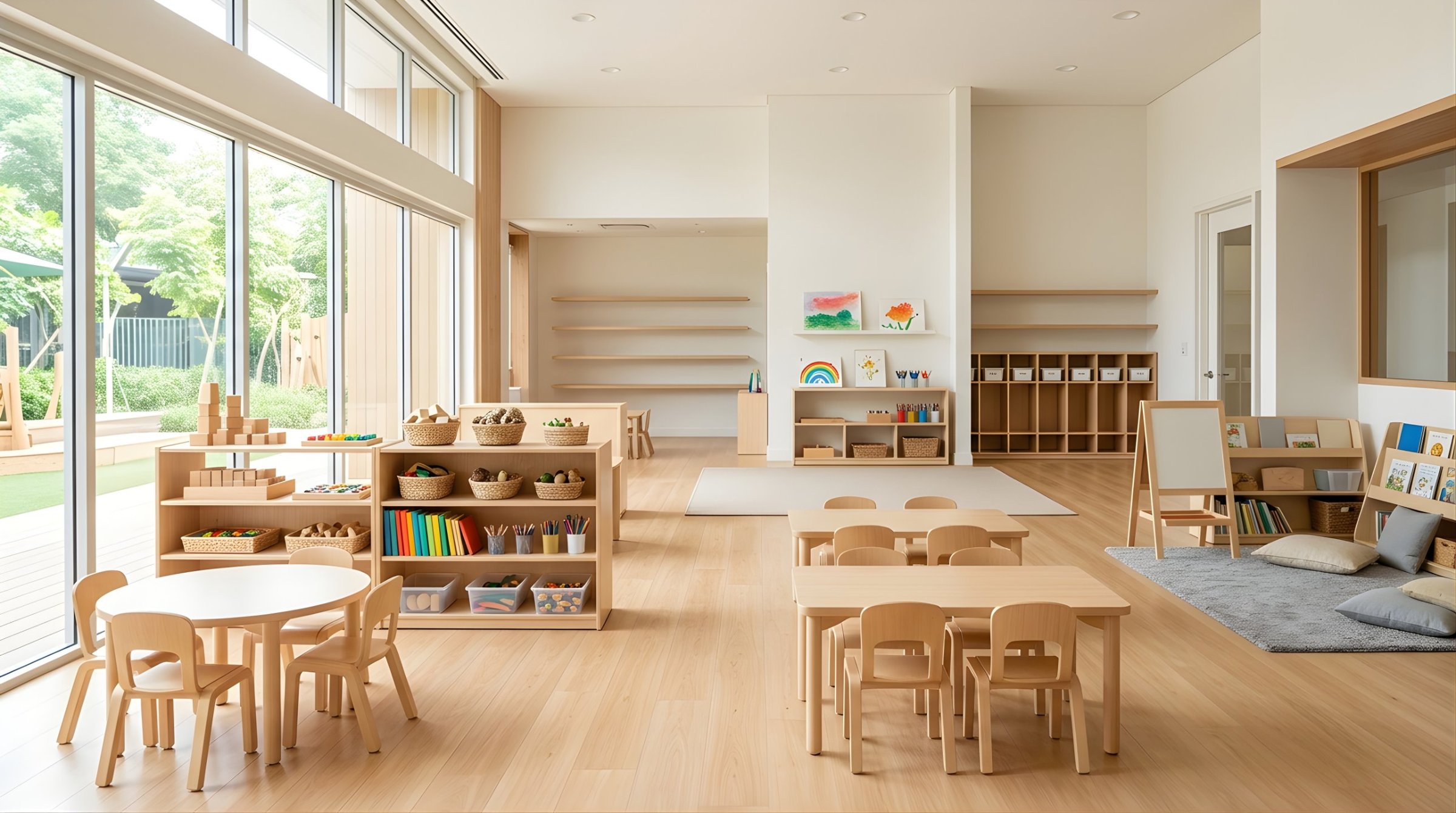 Bright, sunlit Montessori classroom with child-sized furniture