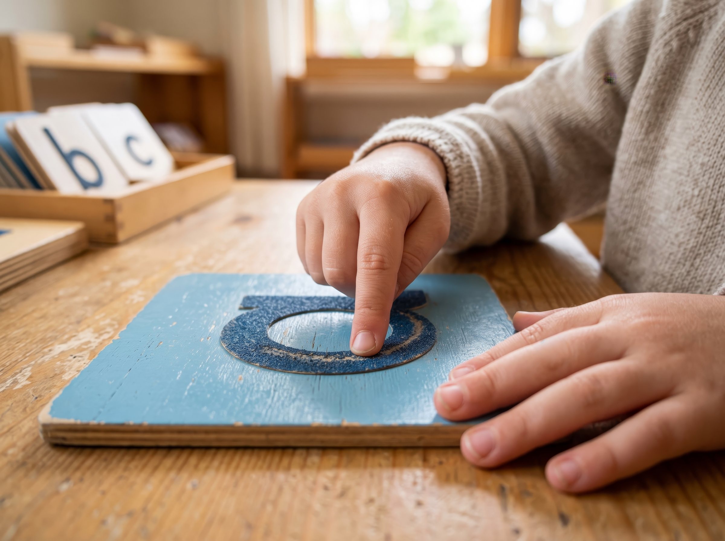 Preschooler tracing a sandpaper letter